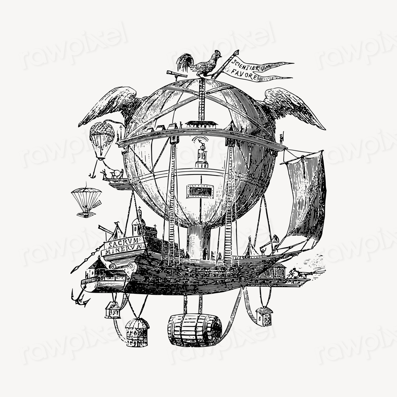 Steampunk style ship carried by balloon.