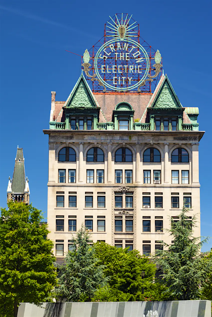 Photo of a sign on the building saying, "Scranton, The Electric City"