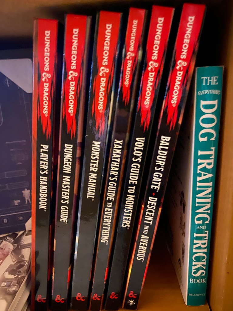 A collection of Dungeons & Dragons books. From the left to right: Players Handbook, Dungeon Master’s Guide, Monster Manual, Xanathar’s Guide to Everything, Volo’s Guide to Monsters, Baulder’s Gate - Descent into Avernus.

There’s also a Dog Training and Tricks Book to the right of the Dungeons & Dragons collection.